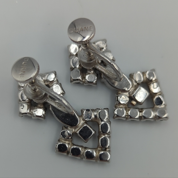 Rhinestones Duane Earrings Vintage Screw Back Rhodium Plating Dangle Signed - Picture 5 of 8
